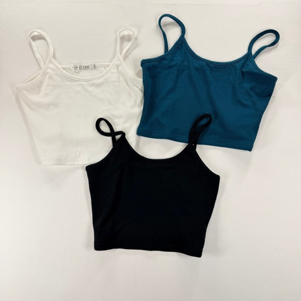 Topstype 3 Pack Cropped Ribbed Cami Tank Tops Women's L Black Teal White